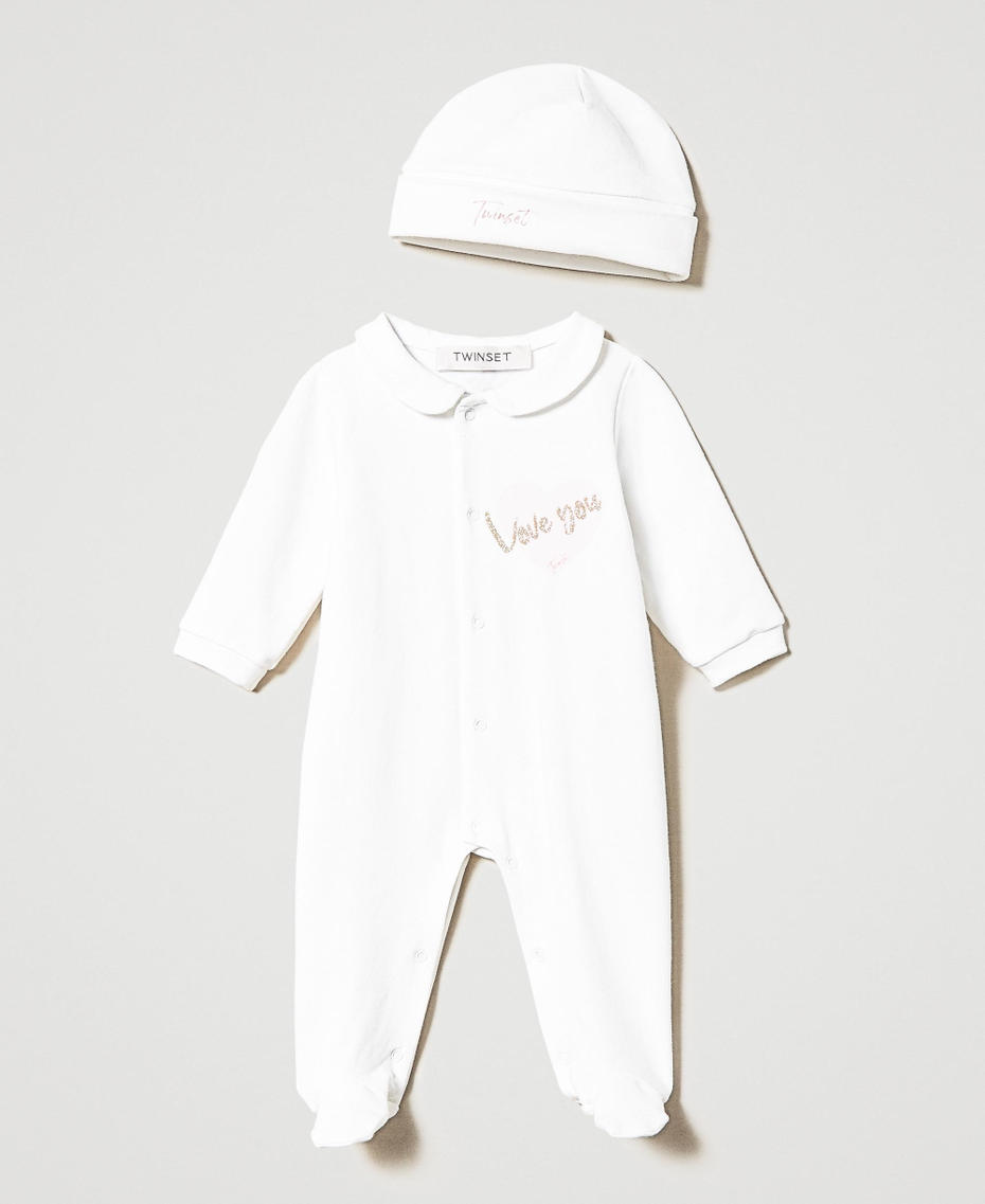 Printed romper suit with beanie