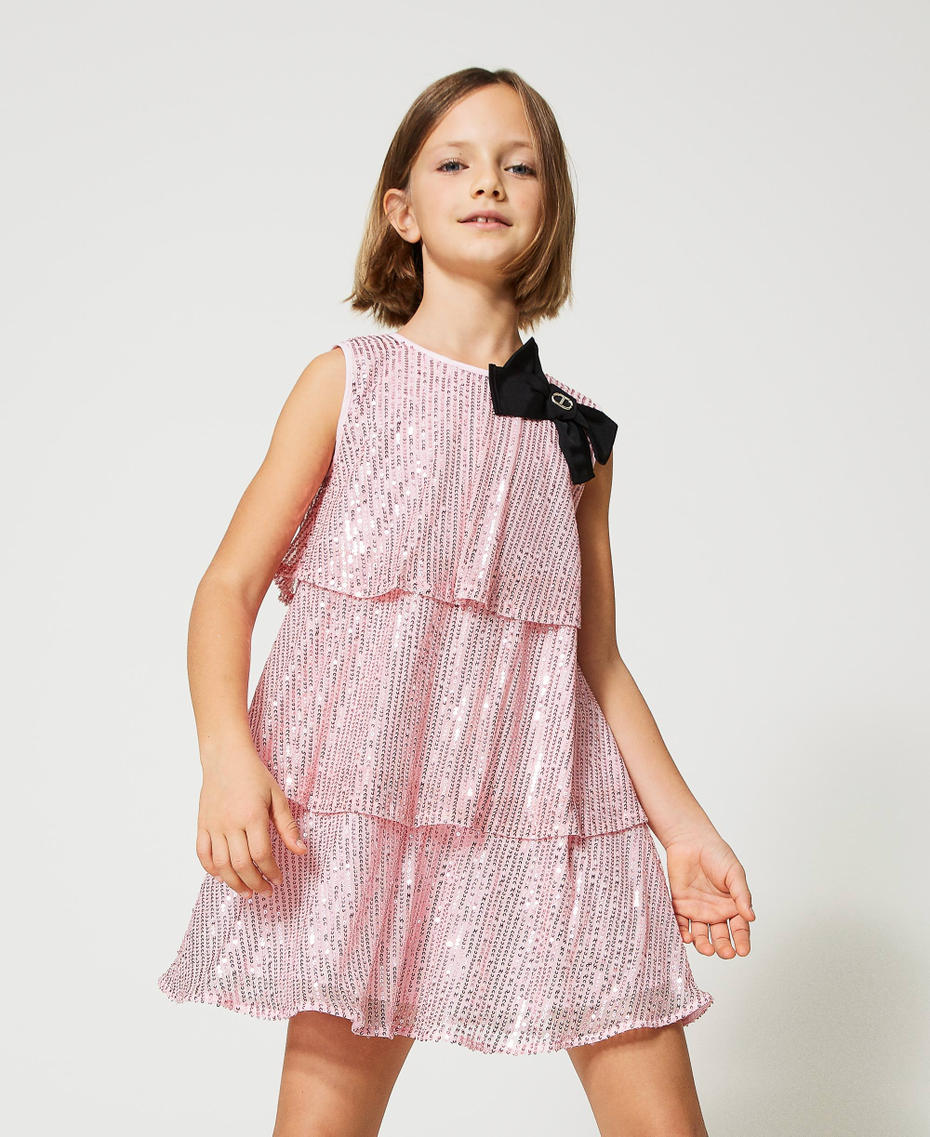 Full sequin short dress with flounces Pastel Pink Girl 231GJ2Q12-01