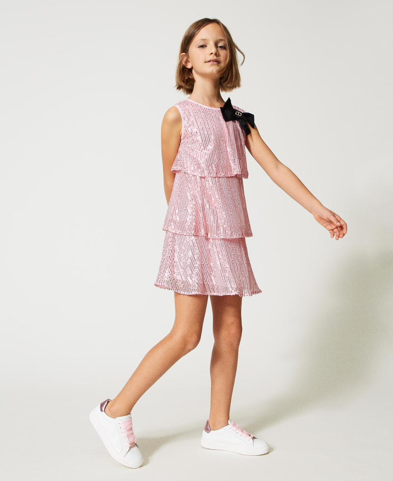 Full sequin short dress with flounces Pastel Pink Girl 231GJ2Q12-02
