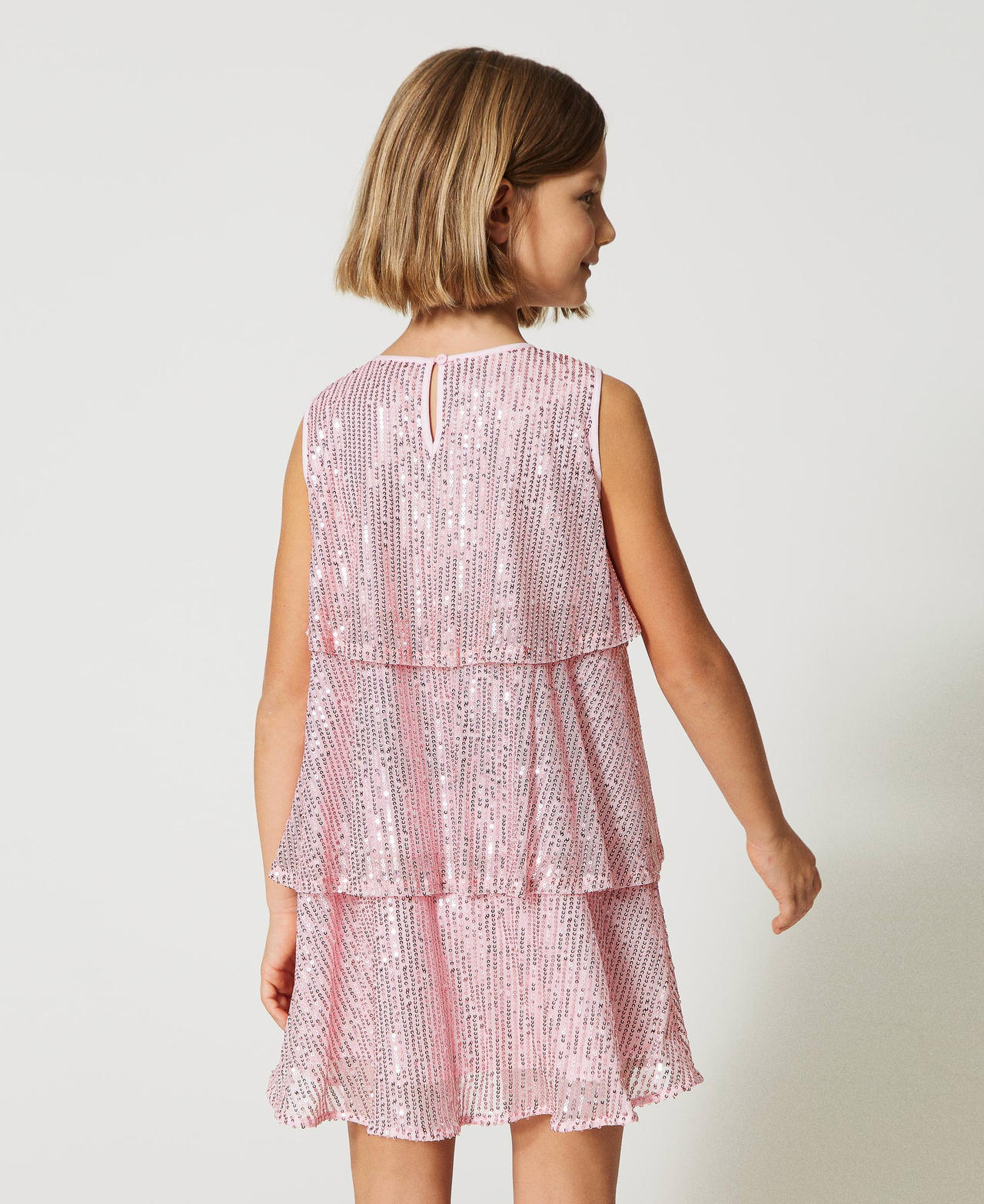 Full sequin short dress with flounces Pastel Pink Girl 231GJ2Q12-03