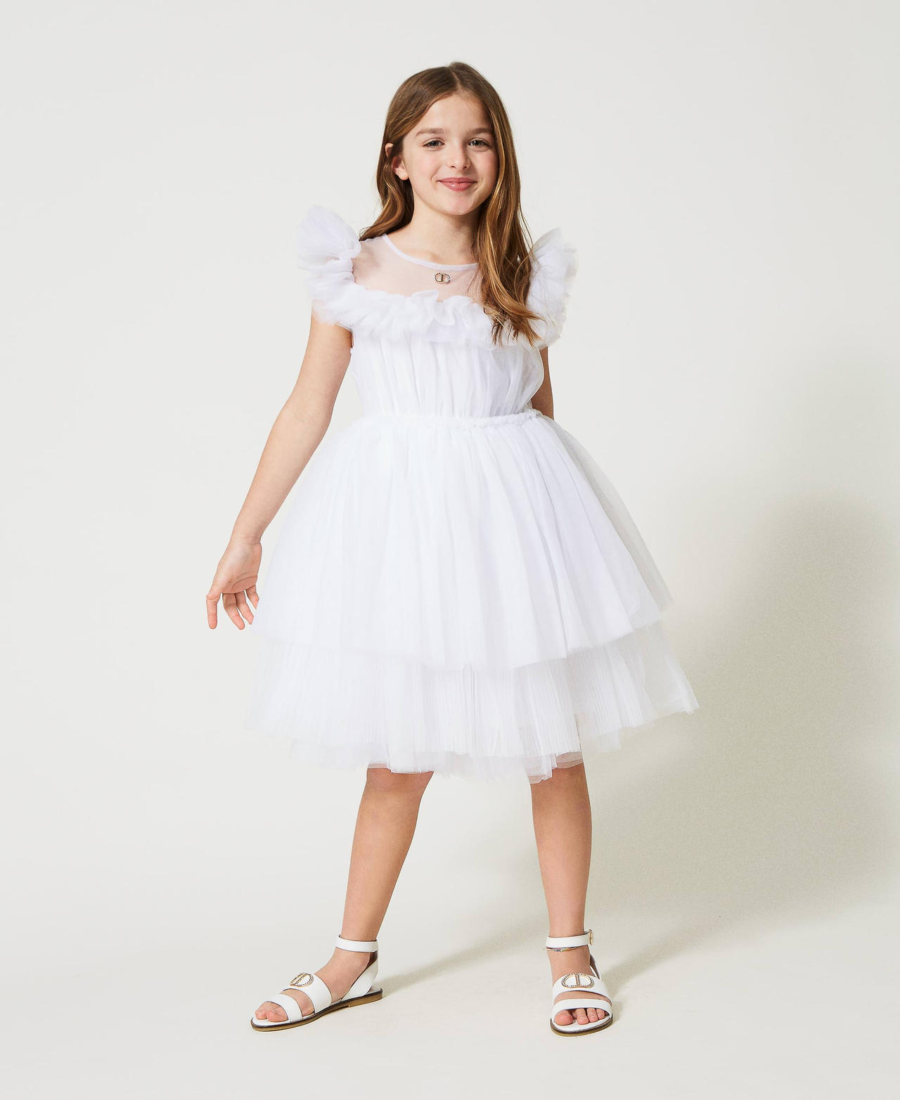 Short tulle dress with ruffles and flounces Girl, White