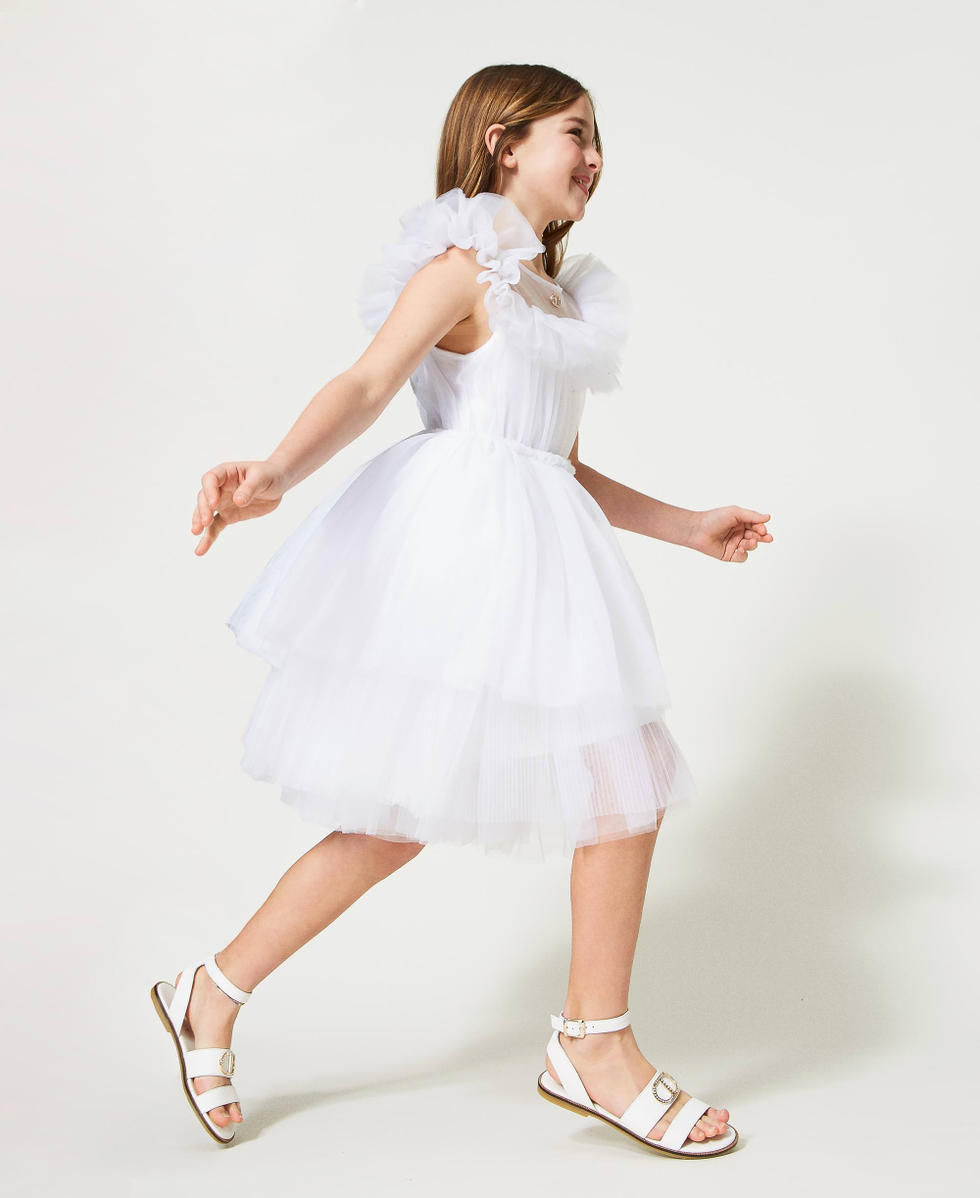 Short tulle dress with ruffles and flounces Girl, White
