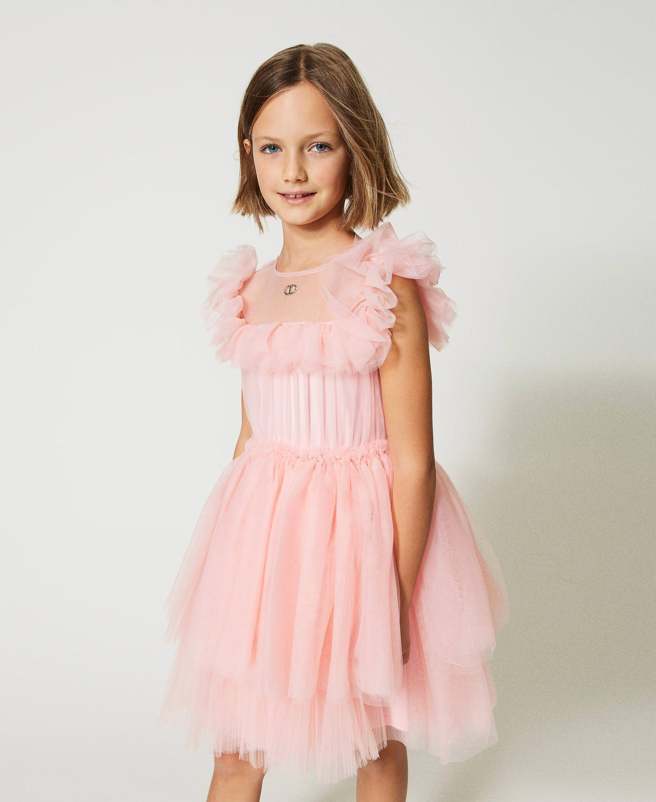 Abito corto in tulle con volant e balze Bambina, Rosa