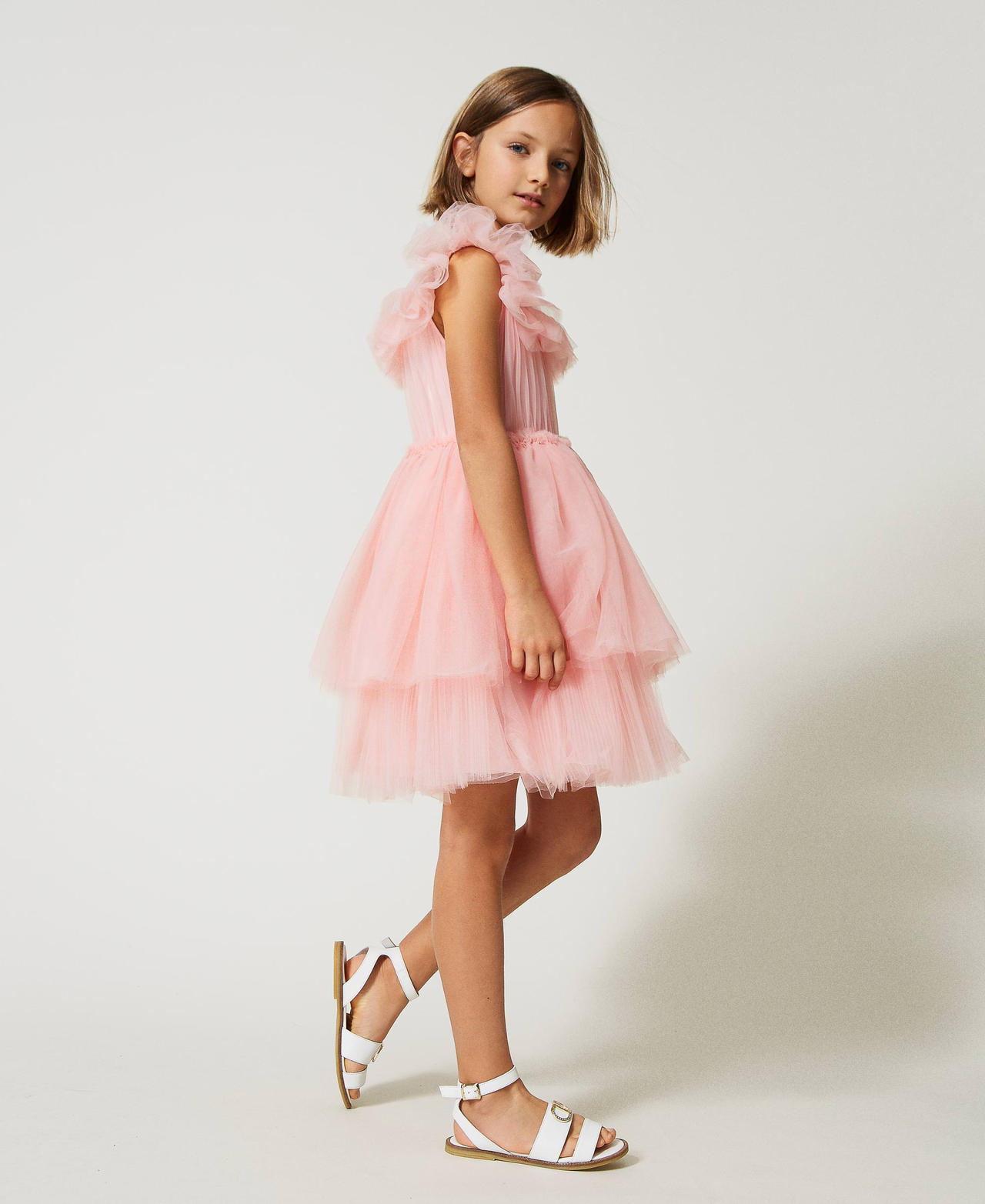 Short tulle dress with ruffles and flounces Pastel Pink Girl 231GJ2Q31-02