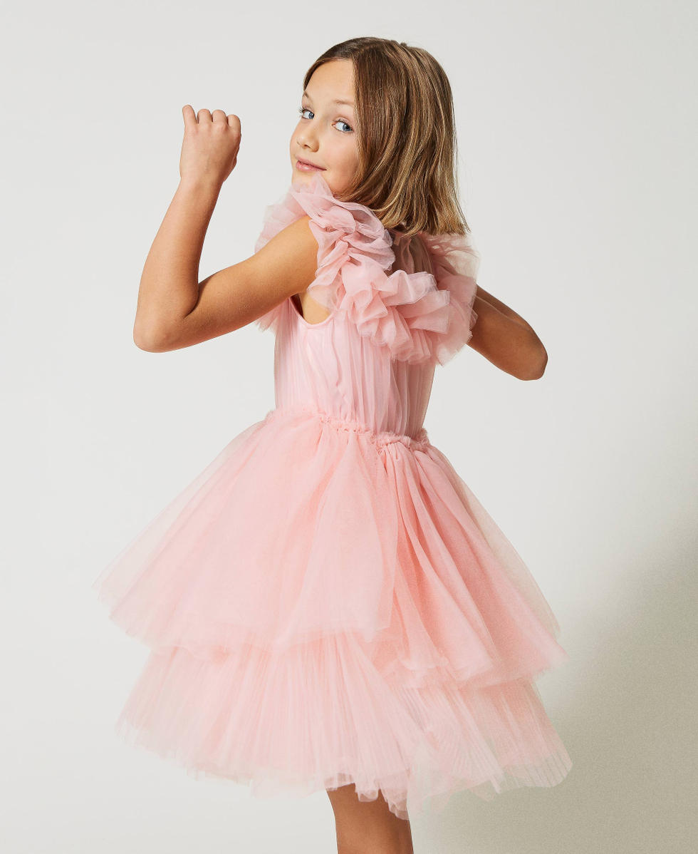 Abito corto in tulle con volant e balze Bambina, Rosa