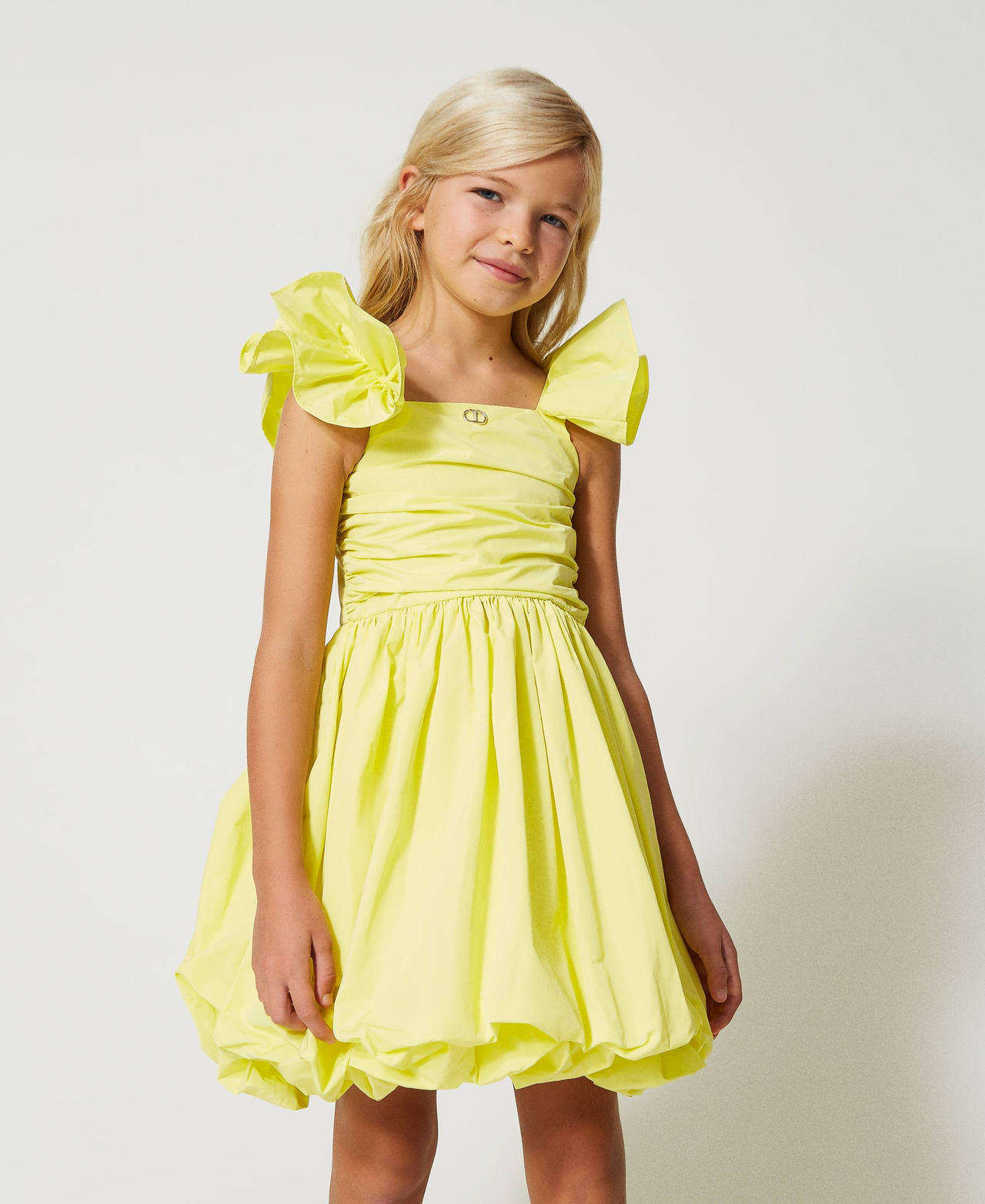Короткое платье из тафты с оборками на рукавах Желтый "Светлый лайм" Девочка 231GJ2Q52-02
