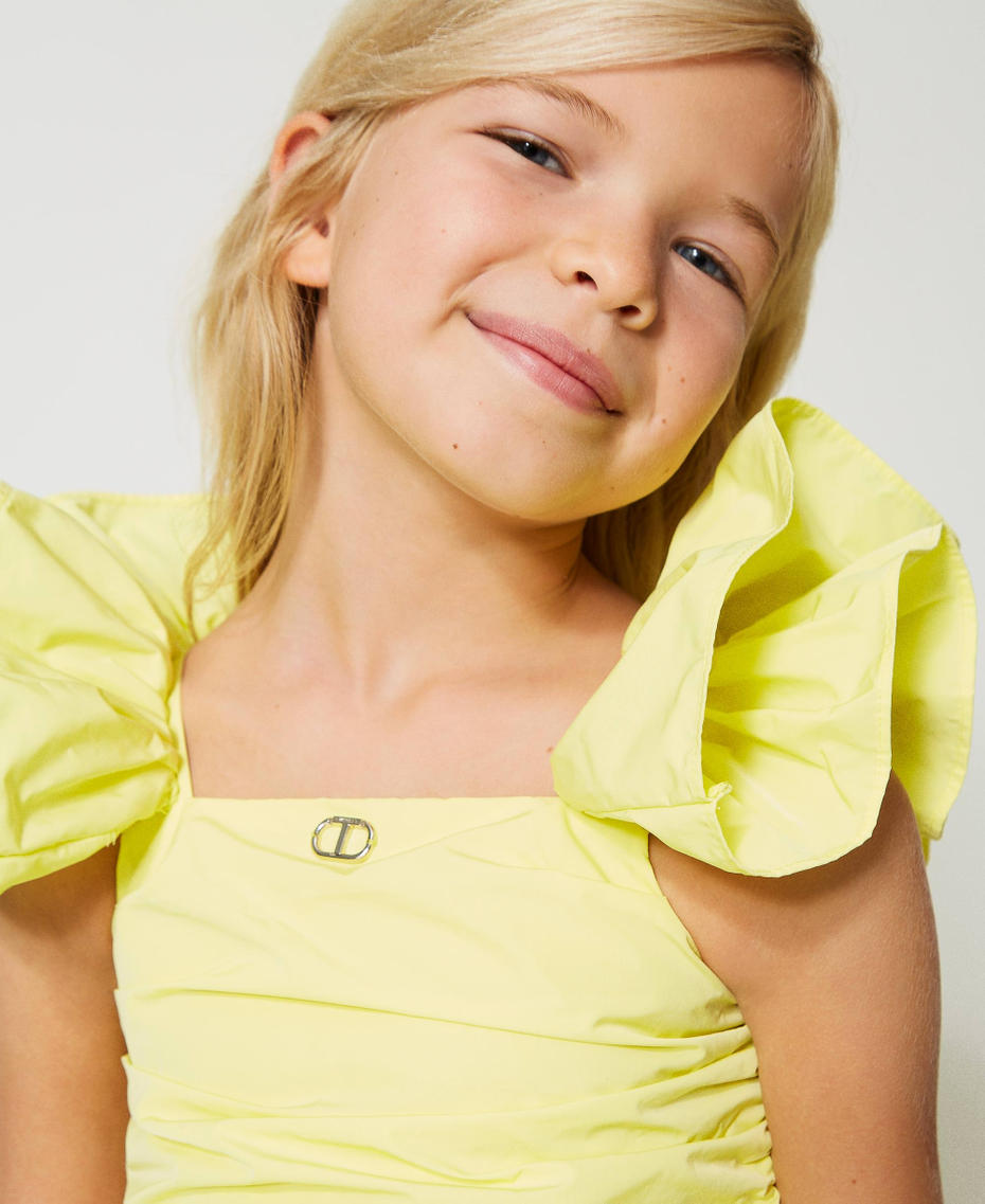 Короткое платье из тафты с оборками на рукавах Желтый "Светлый лайм" Девочка 231GJ2Q52-05