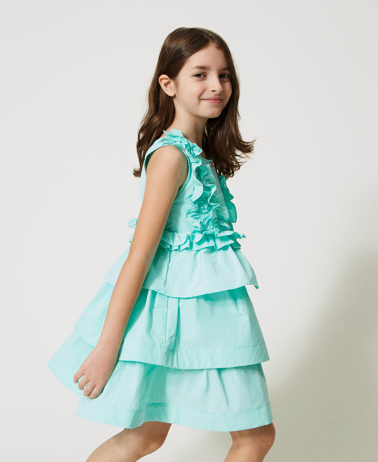 Короткое платье из тафты с рюшами и оборками Молочный мятно-зеленый Девочка 231GJ2Q5F-02