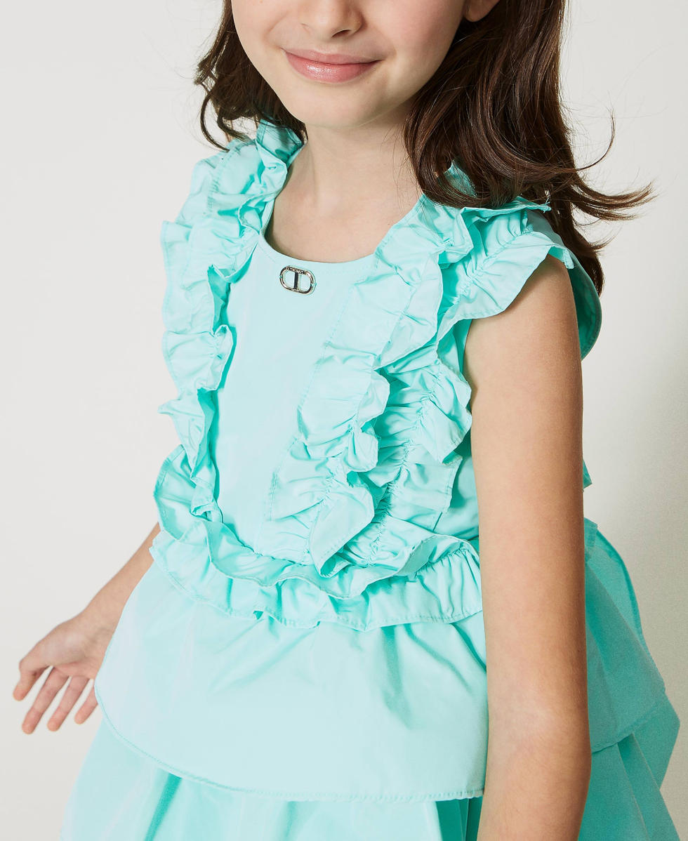 Arshiner Abito da Ragazza Tie Back Manica Corta Vestito Estivo Bambini Tinta Unita A Linea Casual Volant Elegante Principessa Abito Azzurro 150 cm