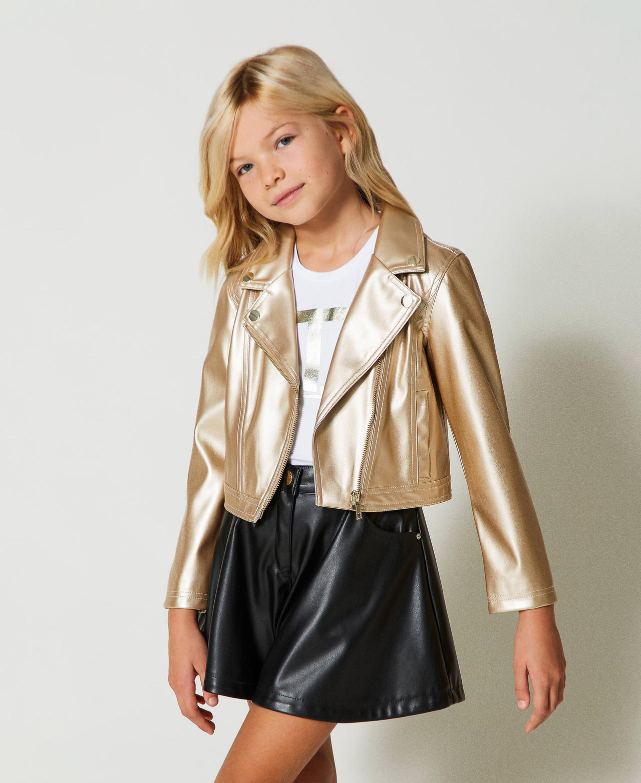 Biker jacket with gold tone coating Girl Gold TWINSET Milano