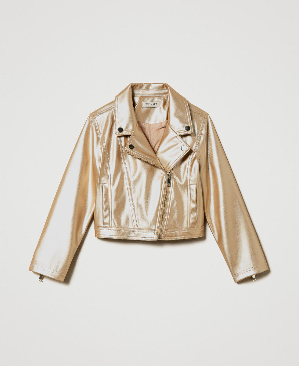 Biker jacket with gold tone coating Girl Gold TWINSET Milano