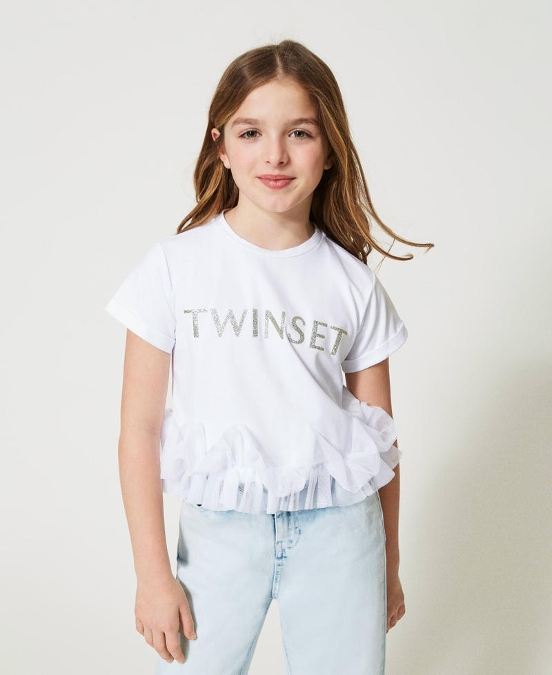 T-Shirt mit Glitzerlogo und T&uuml;llvolants
