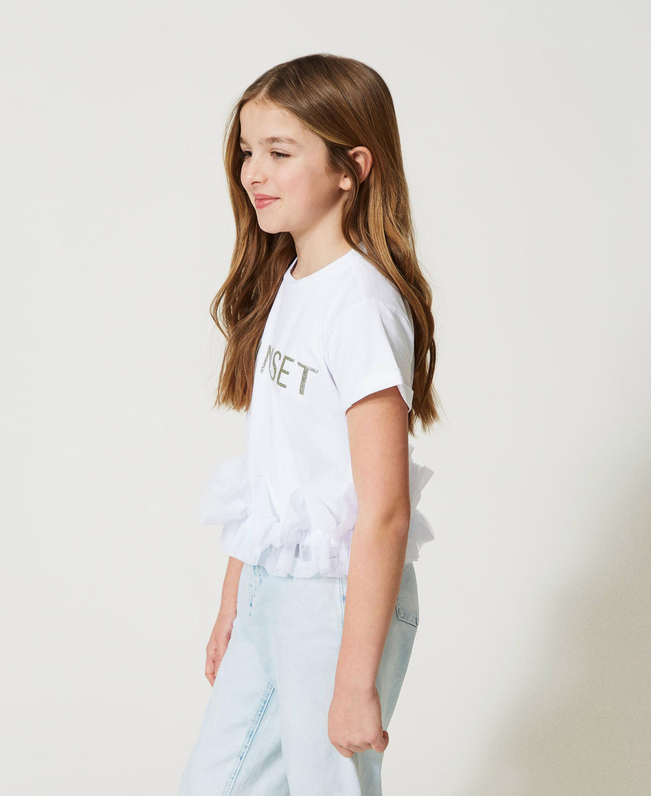T-Shirt mit Glitzerlogo und T&uuml;llvolants