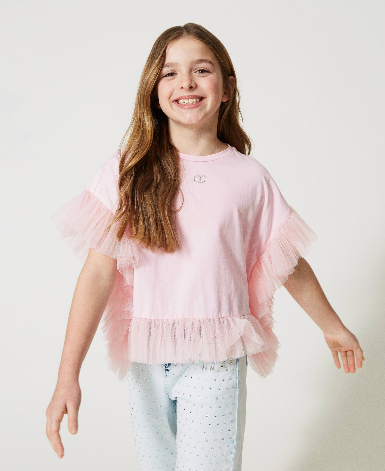Blouse with pleated tulle trim Pastel Pink Girl 231GJ2Q75-02