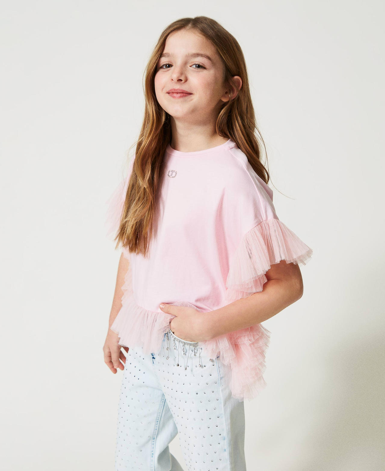 Блузка с окантовкой из плиссированного тюля Пастельный Розовый Девочка 231GJ2Q75-03