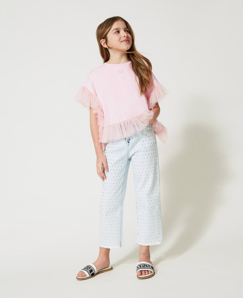 Blouse with pleated tulle trim