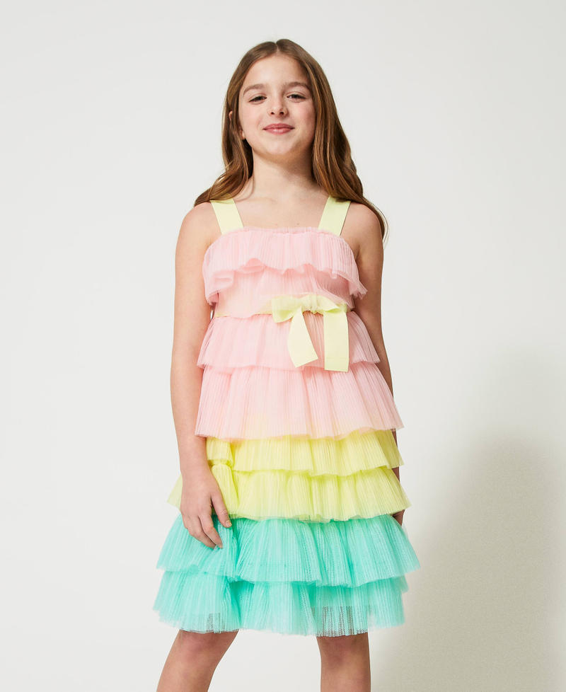 Kurzes Plisseekleid aus Glitzertüll Multicolor Milchmint / Pastellrosa / Lime Green Mädchen 231GJ2Q80-01