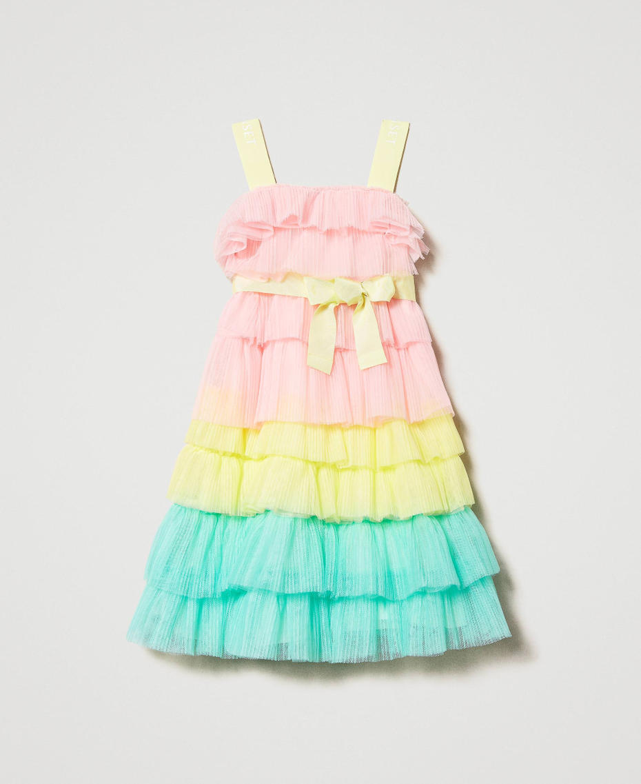 Короткое платье из плиссированного тюля с блестками Разноцветный Мятно-молочный / Пастельный Розовый / Зеленый Лайм Девочка 231GJ2Q80-0S