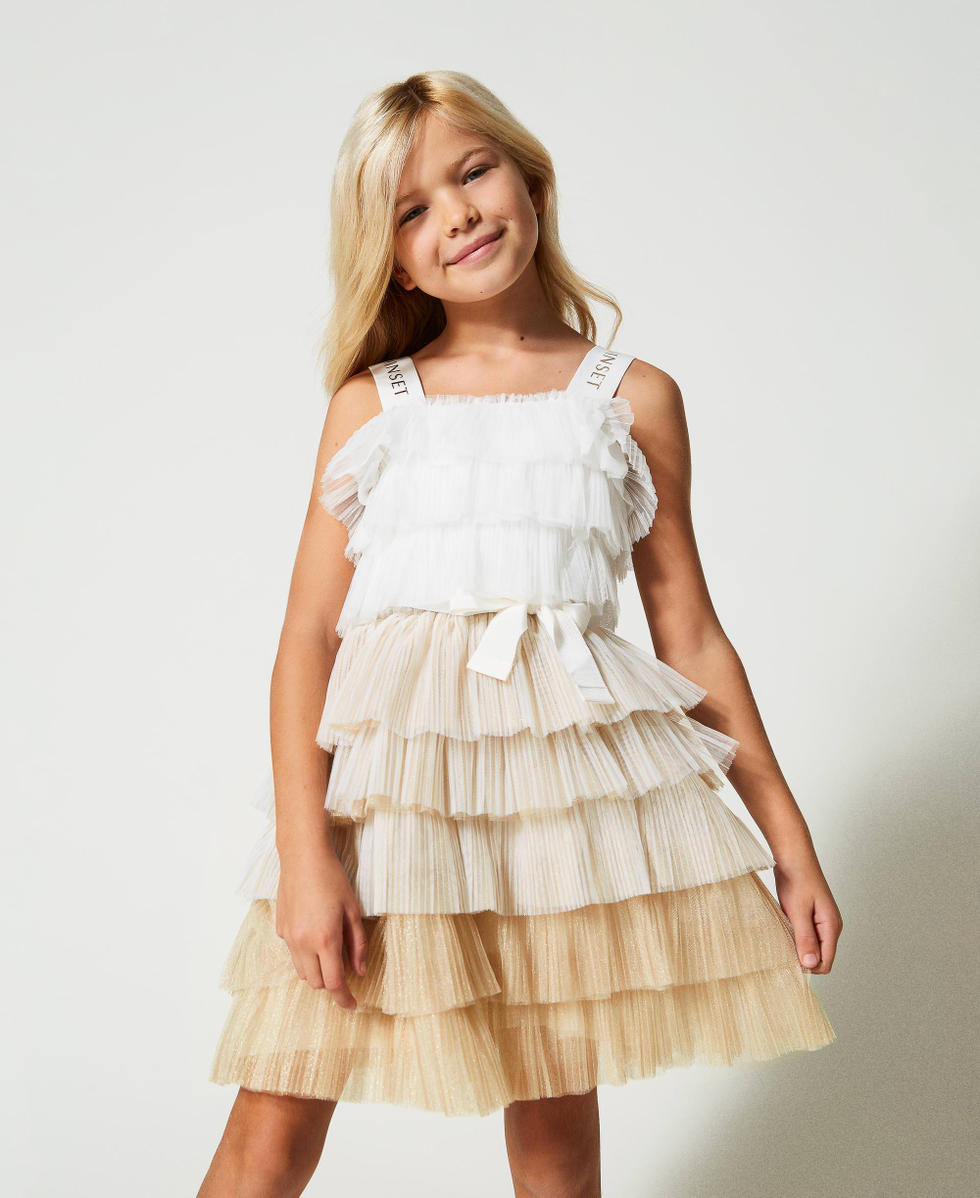 Short pleated glitter tulle dress Girl Beige TWINSET Milano
