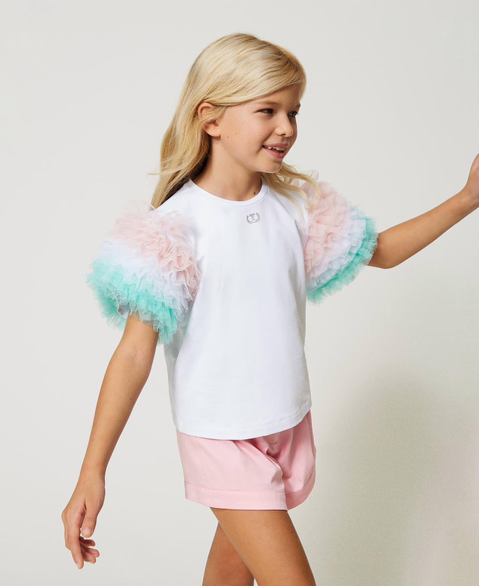 T-shirt con maniche in tulle multicolor