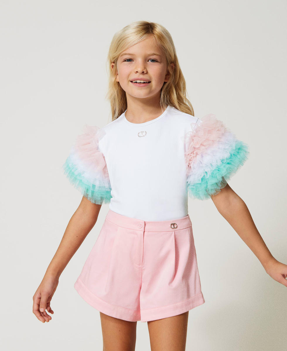 T-shirt con maniche in tulle multicolor