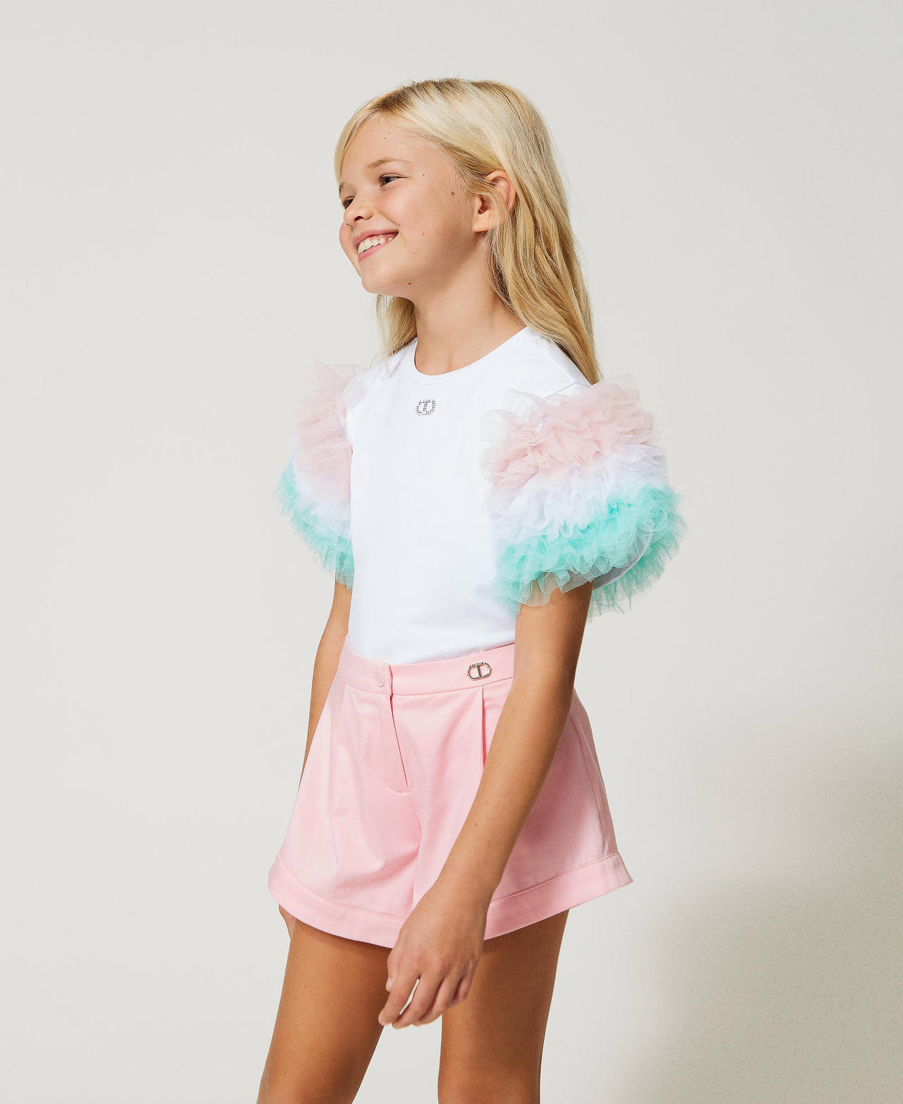 T-shirt with multicoloured tulle sleeves