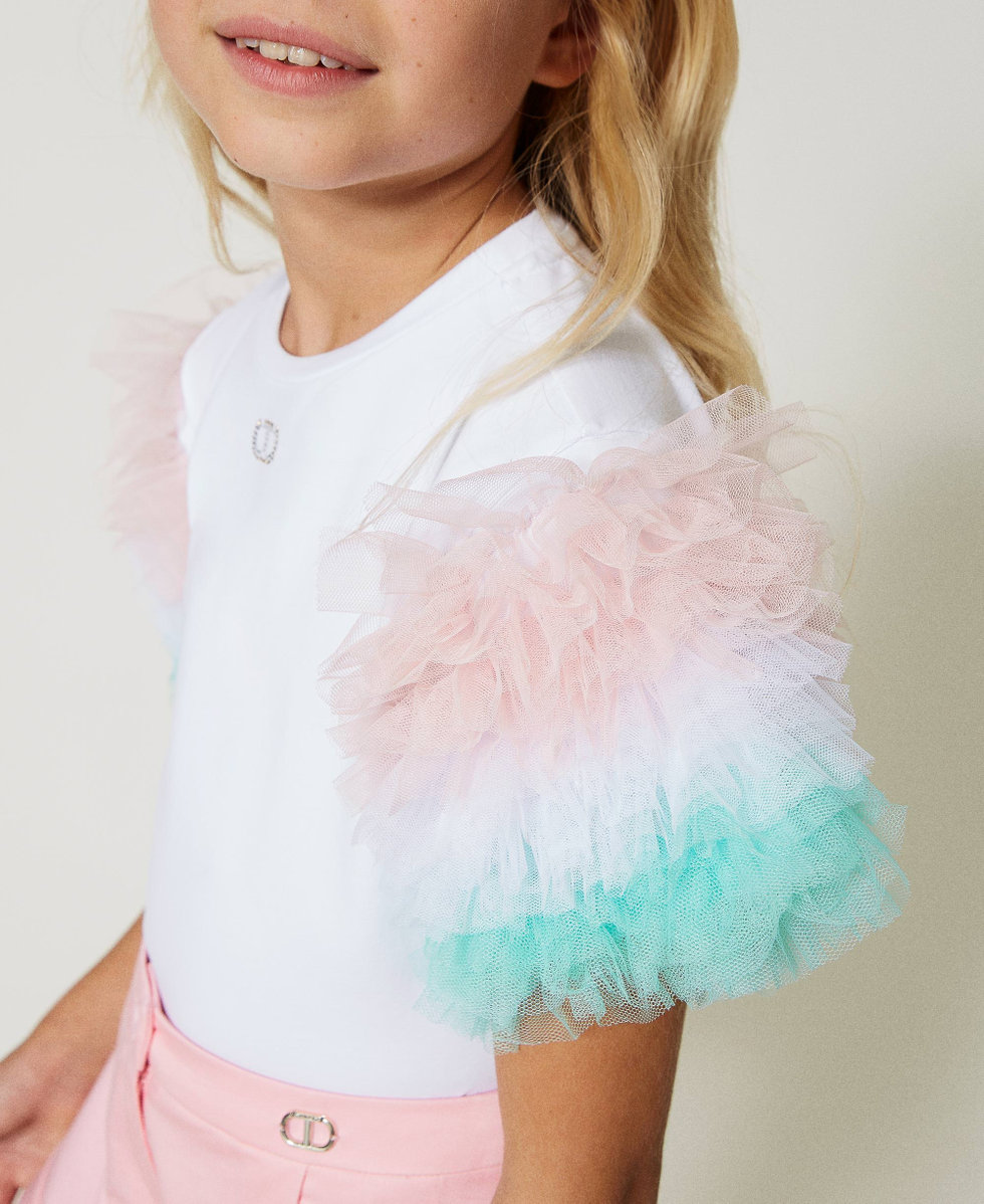 T-shirt con maniche in tulle multicolor