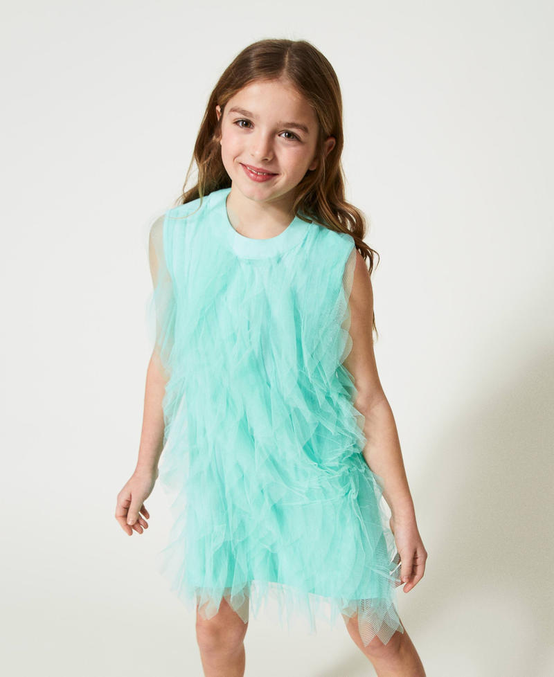 Короткое платье с волнистыми оборками из тюля Молочный мятно-зеленый Девочка 231GJ2Q8A-01