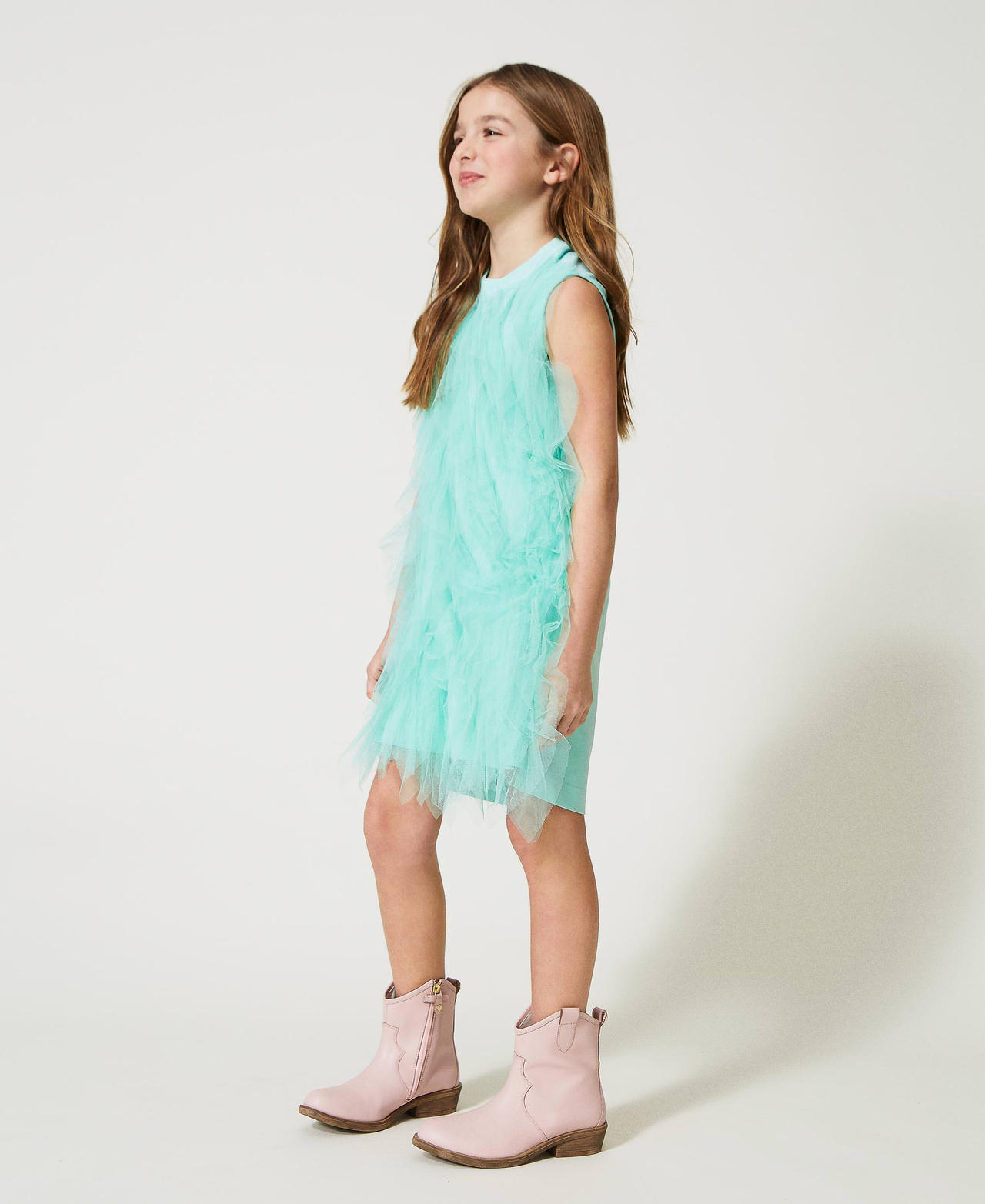 Короткое платье с волнистыми оборками из тюля Молочный мятно-зеленый Девочка 231GJ2Q8A-02