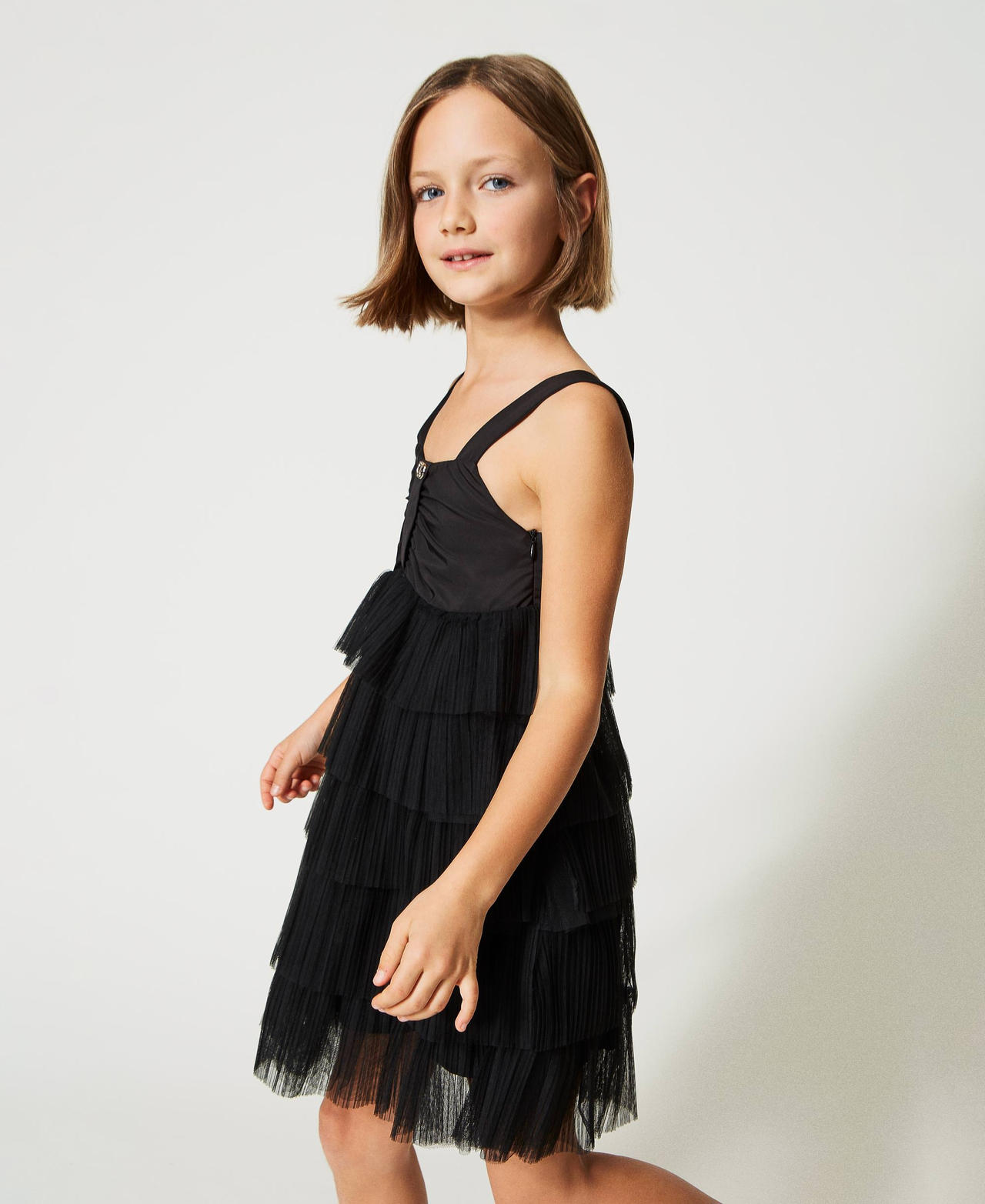 Короткое платье из плиссированного тюля с оборками Черный Девочка 231GJ2Q90-02