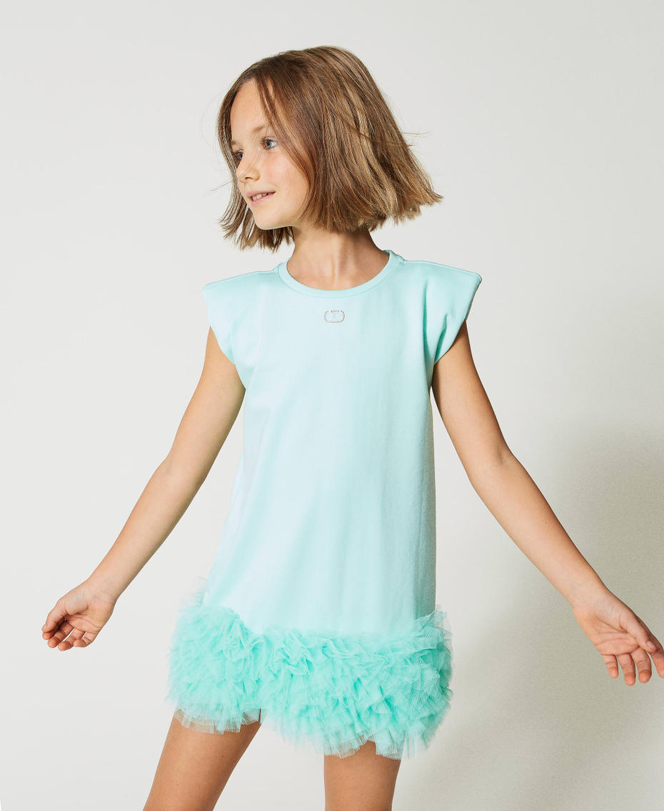 Short dress with padded shoulders and tulle flounces Milk-Mint Girl 231GJ2Q9B-01