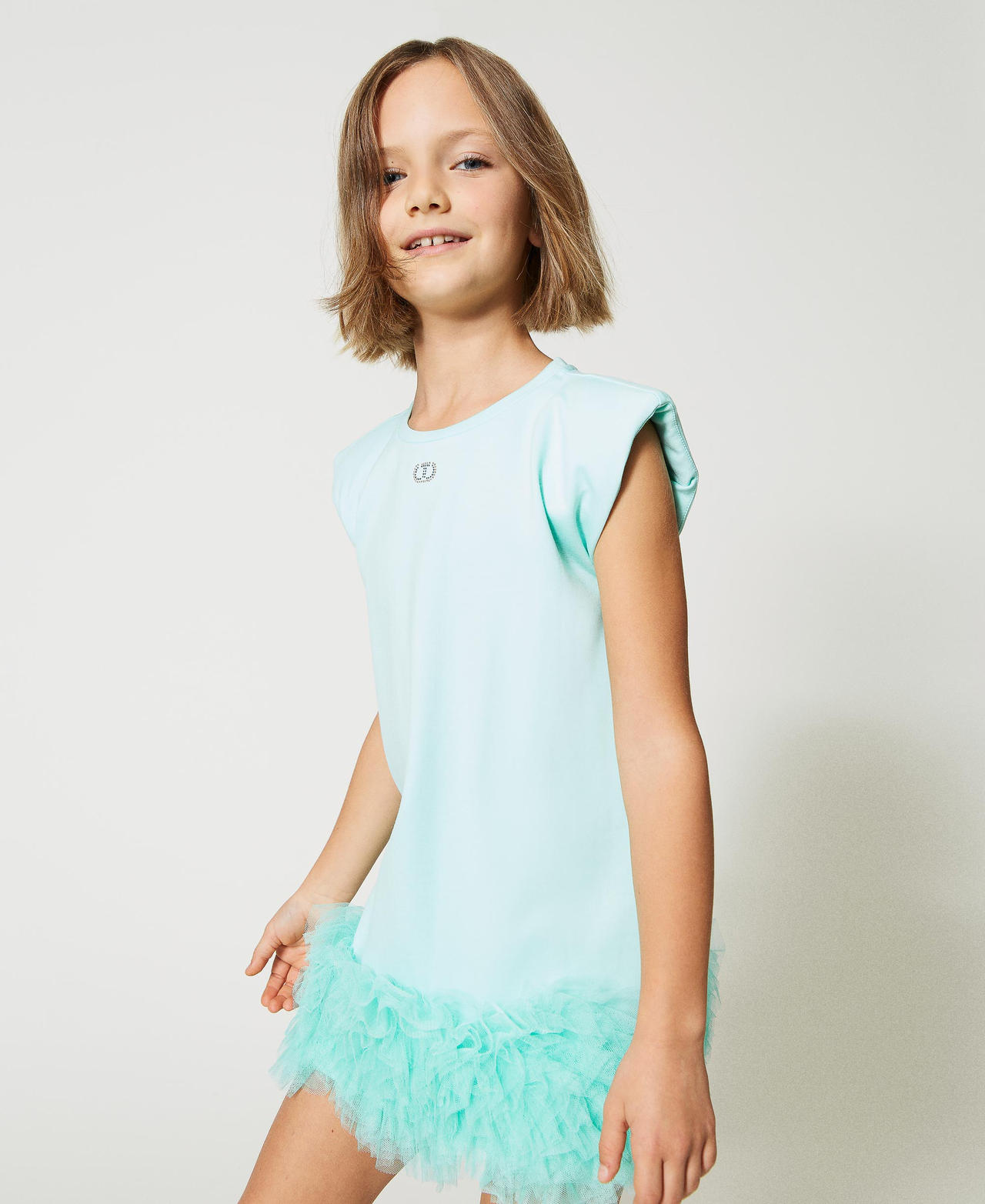 Short dress with padded shoulders and tulle flounces Milk-Mint Girl 231GJ2Q9B-02