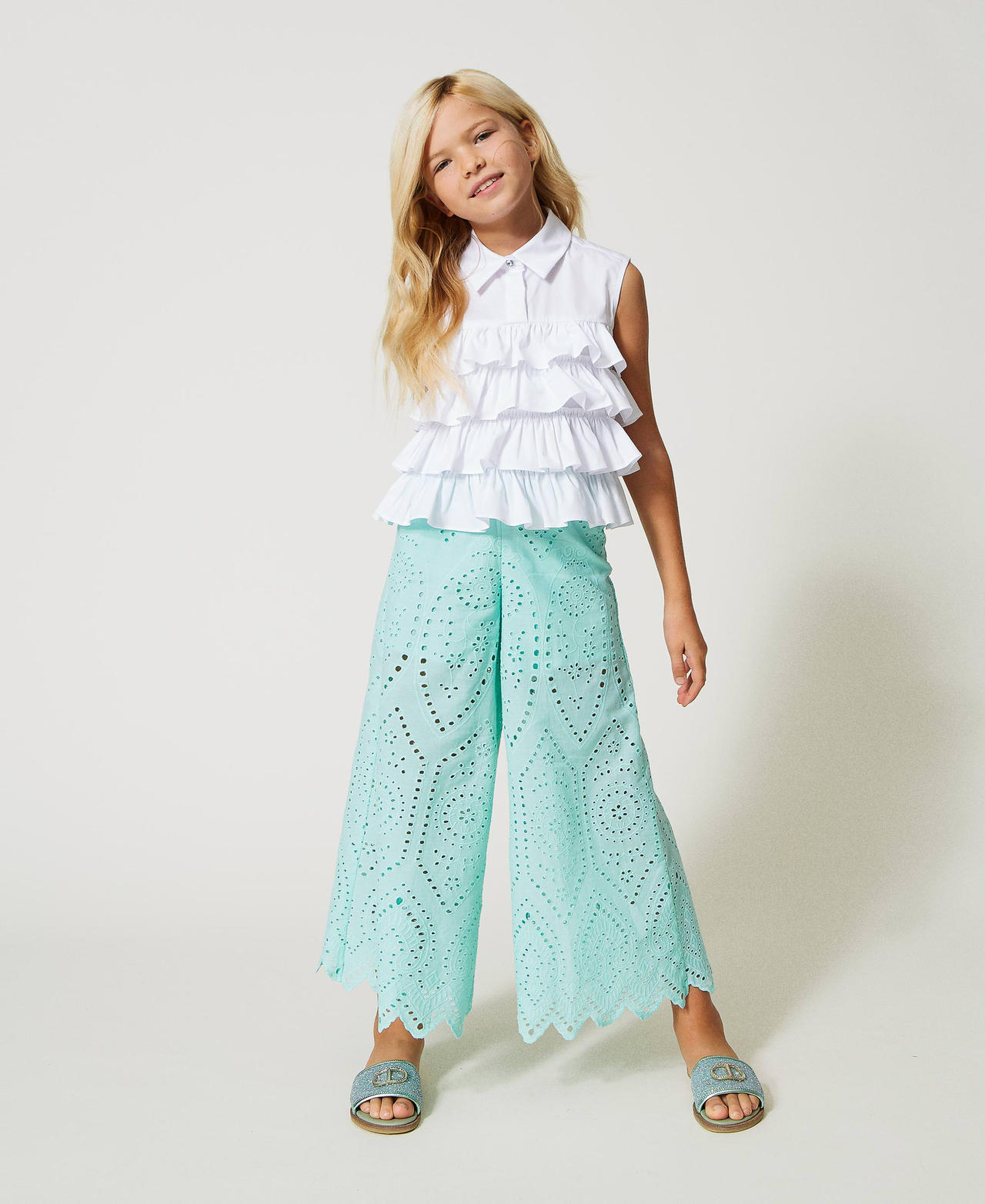 Muslin trousers with broderie anglaise Milk-Mint Girl 231GJ2QAD-02