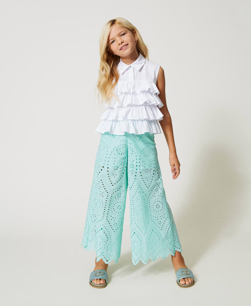Muslin trousers with broderie anglaise Milk-Mint Girl 231GJ2QAD-02