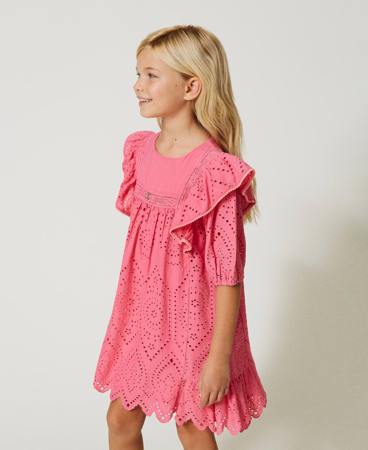 Short muslin dress with broderie anglaise Geranium Girl 231GJ2QAG-03