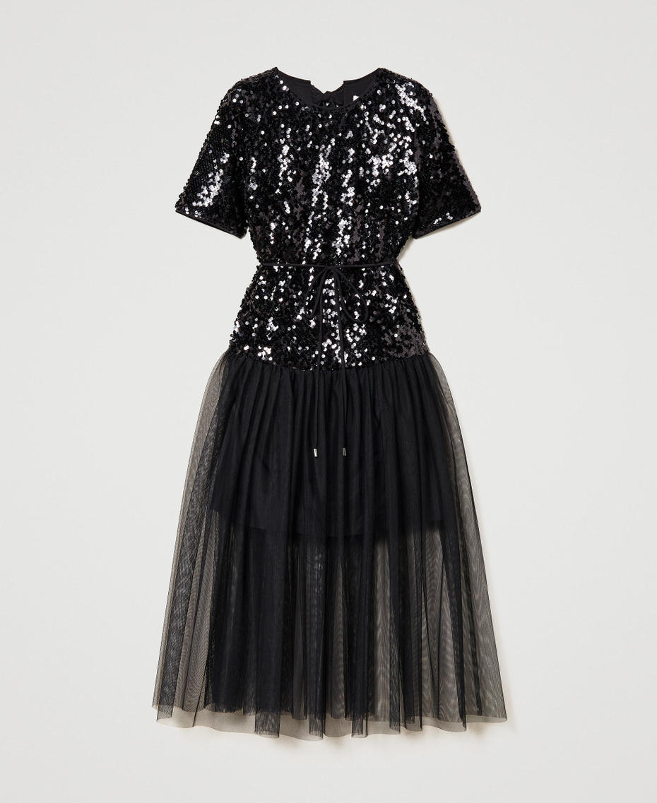 Robe mi-longue avec sequins all-over et tulle