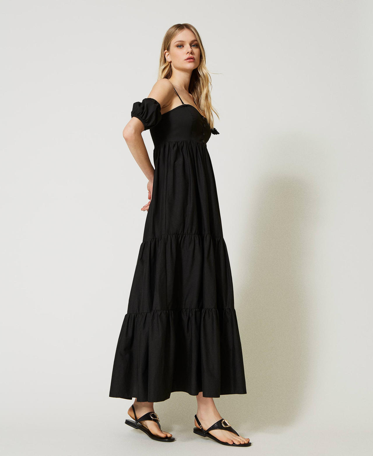 Длинное платье из поплина с бюстье Черный женщина 231LB2ABB-02