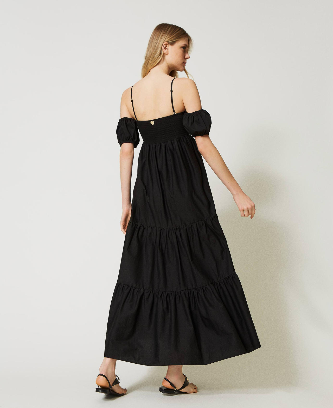 Длинное платье из поплина с бюстье Черный женщина 231LB2ABB-03