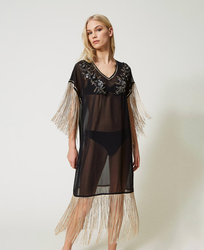 Georgette dress with embroideries and fringes Black Woman 231LB2CBB-01