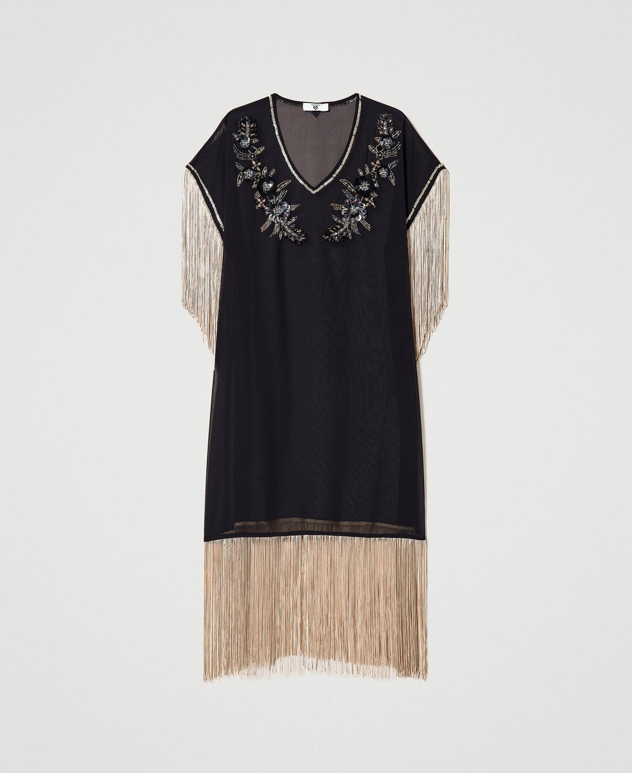 Georgette dress with embroideries and fringes Black Woman 231LB2CBB-0S