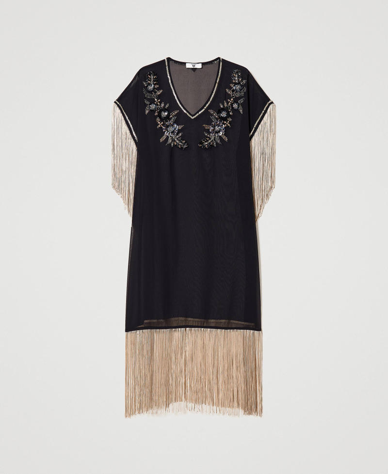 Caftano in georgette con ricami e frange