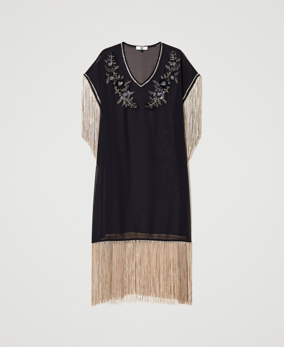 Caftano in georgette con ricami e frange