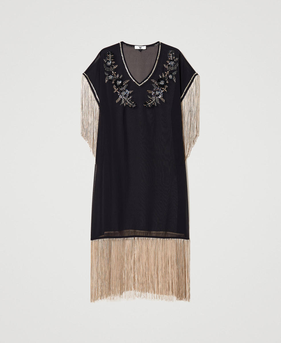 Caft&aacute;n de georgette con bordados y flecos