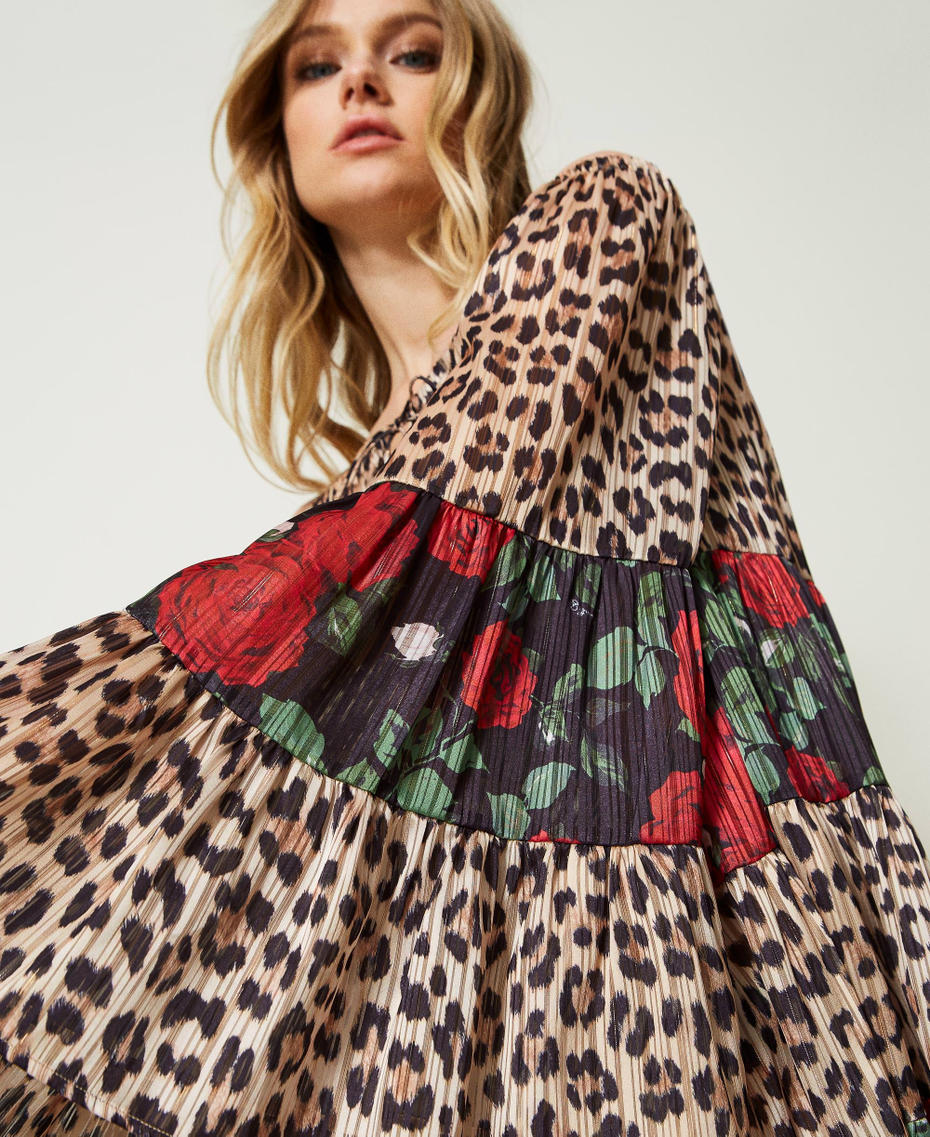Georgette dress with lurex Two-tone Natural Leopard Print / Little Black Rose Woman 231LB2DEE-01