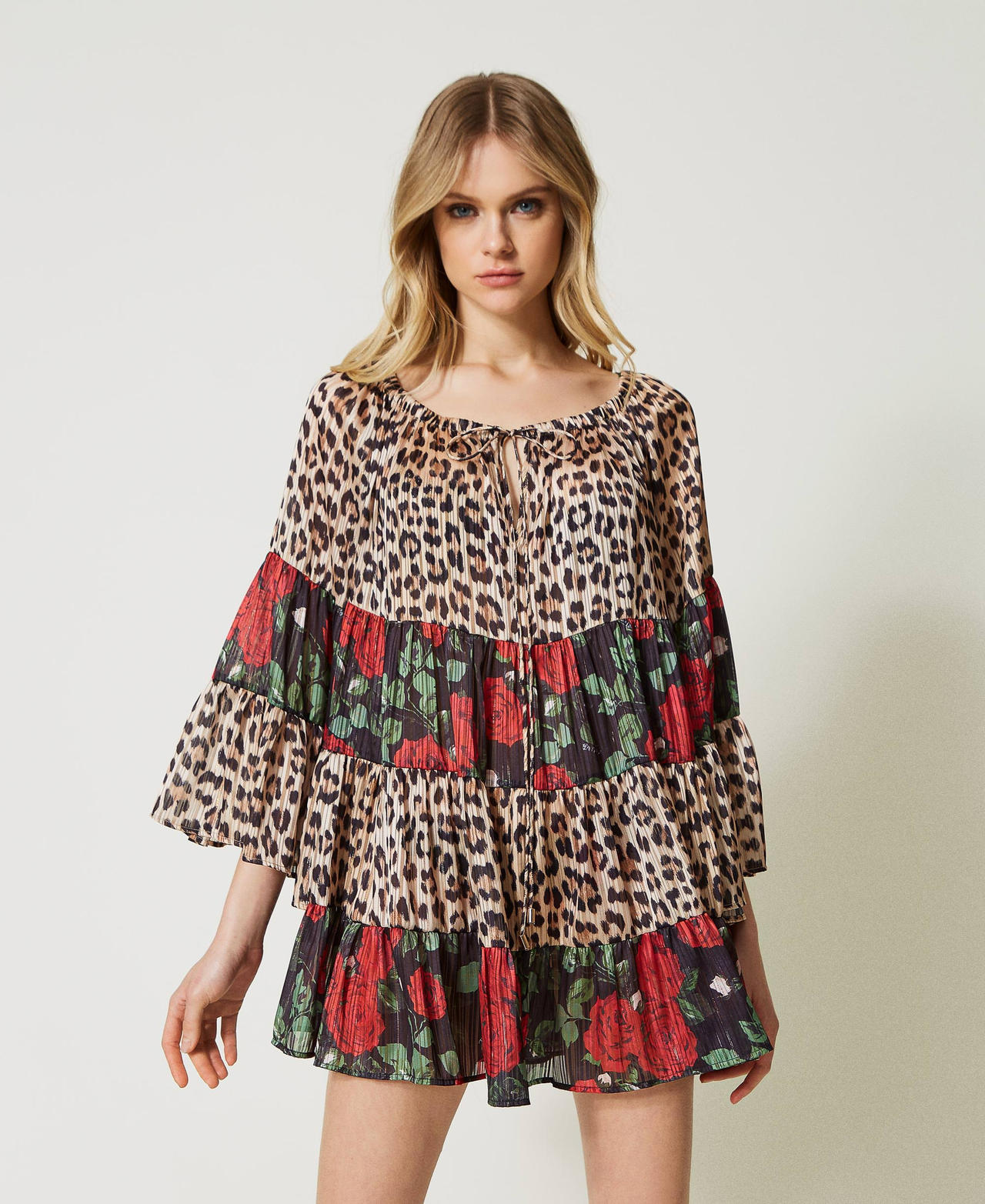 Abito in georgette con lurex Bicolor Stampa Leopard Natural / Rose Piccole Nero Donna 231LB2DEE_10370_02