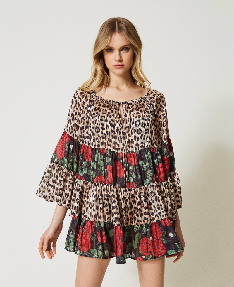Kleid aus Georgette mit Lurex Zweifarbig Leopardenprint Natural / Kleine Rosen Schwarz Frau 231LB2DEE-02
