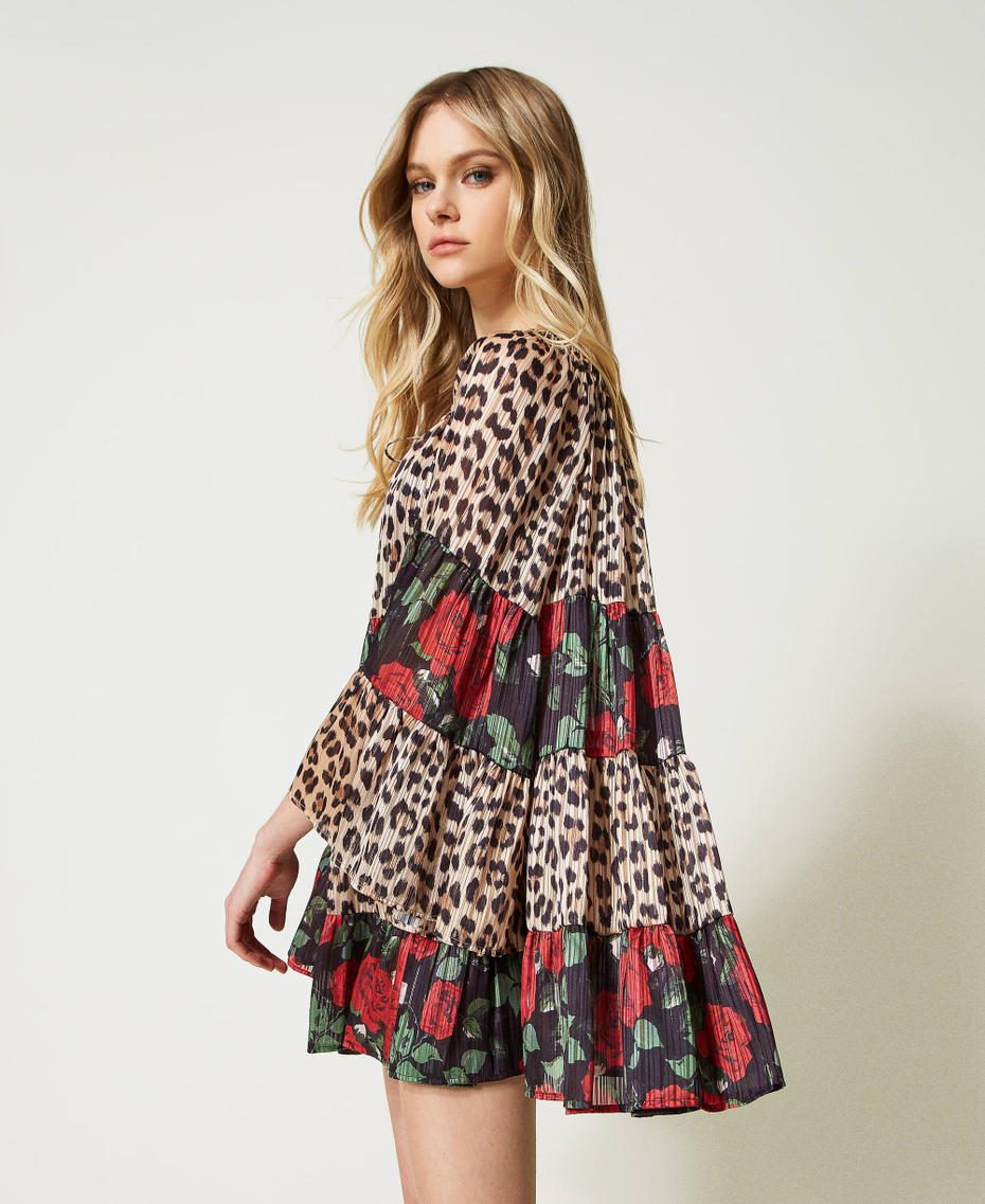Kleid aus Georgette mit Lurex Zweifarbig Leopardenprint Natural / Kleine Rosen Schwarz Frau 231LB2DEE-03