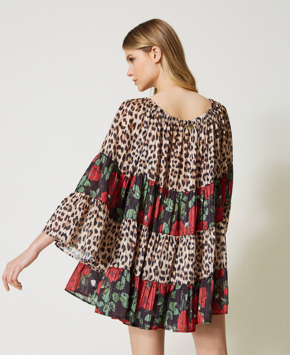 Kleid aus Georgette mit Lurex Zweifarbig Leopardenprint Natural / Kleine Rosen Schwarz Frau 231LB2DEE-04