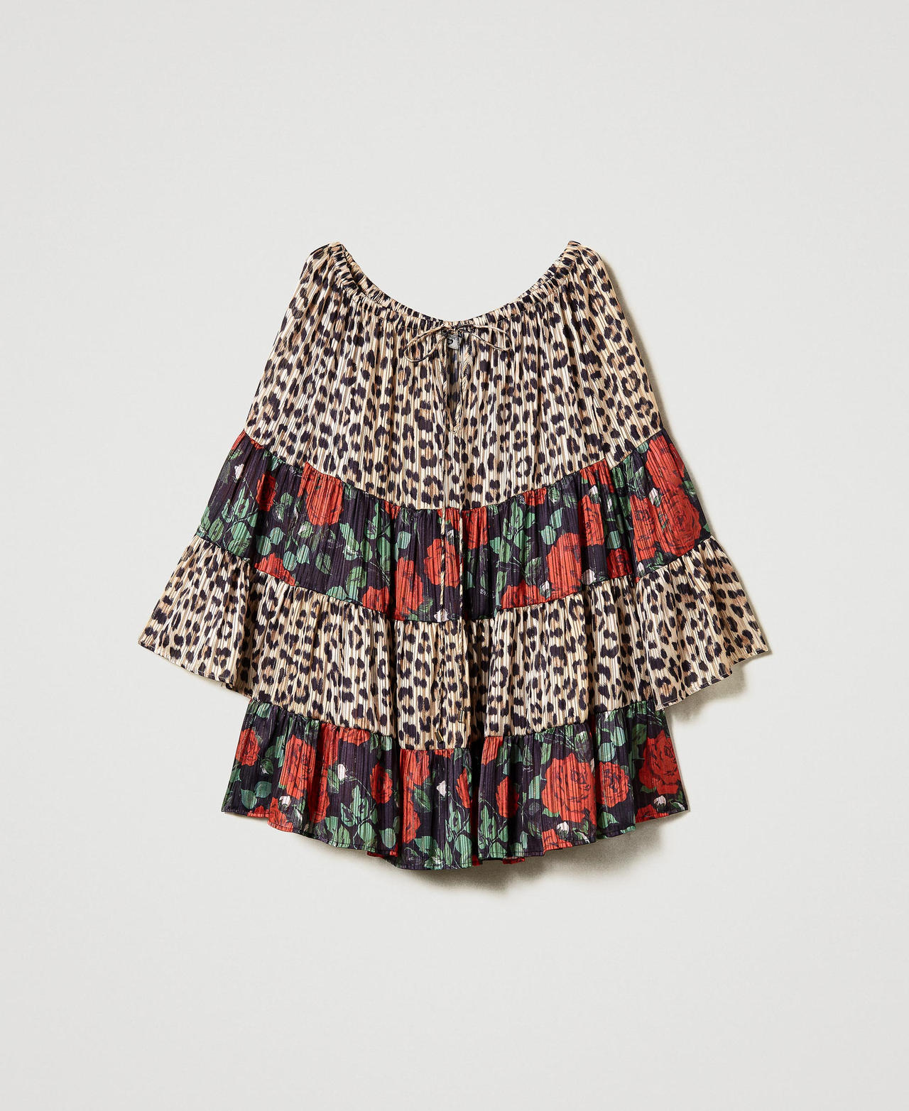 Kleid aus Georgette mit Lurex Zweifarbig Leopardenprint Natural / Kleine Rosen Schwarz Frau 231LB2DEE-0S