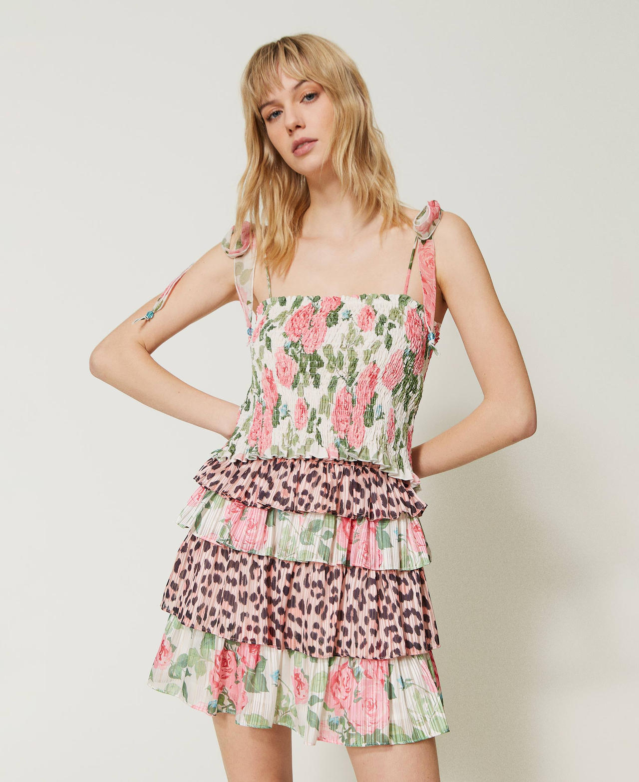 Minigonna in georgette con lurex Bicolor Stampa Leopard Pink / Rose Piccole Star White Donna 231LB2DFF_10371_02